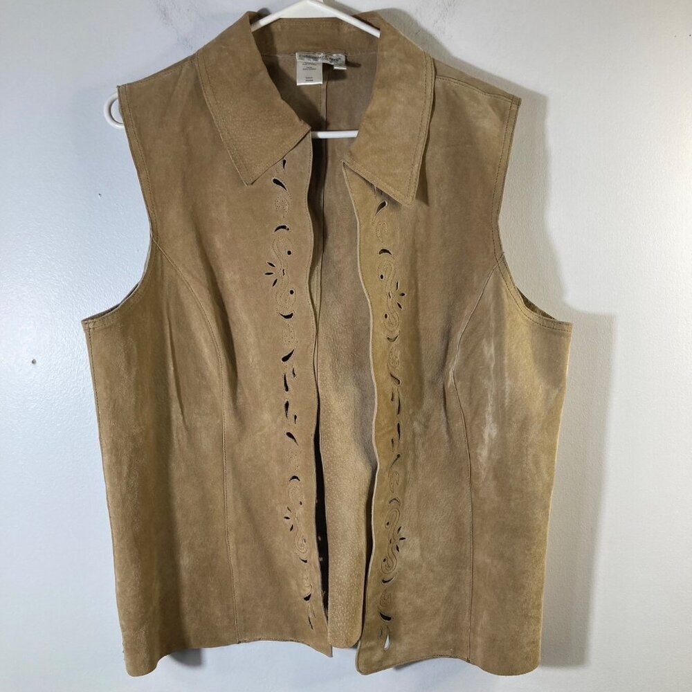 Womens Coldwater Creek Suede Leather Vest Western Cut Outs Tan L‎
